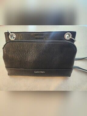 Calvin Klein Black Leather Crossbody Messenger with Silver Hardware